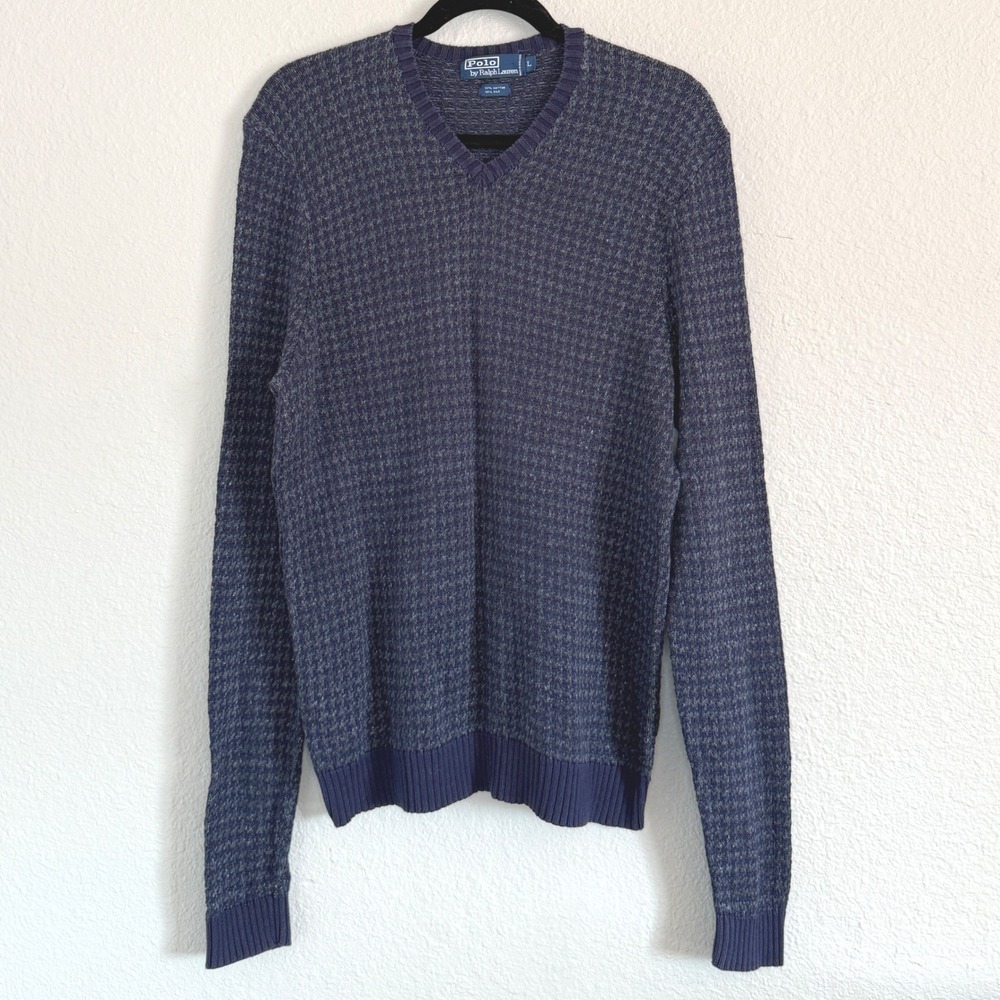 Polo Ralph Lauren Mens Large Blue Houndstooth‎ Silk Blend Sweater Old Money Prep